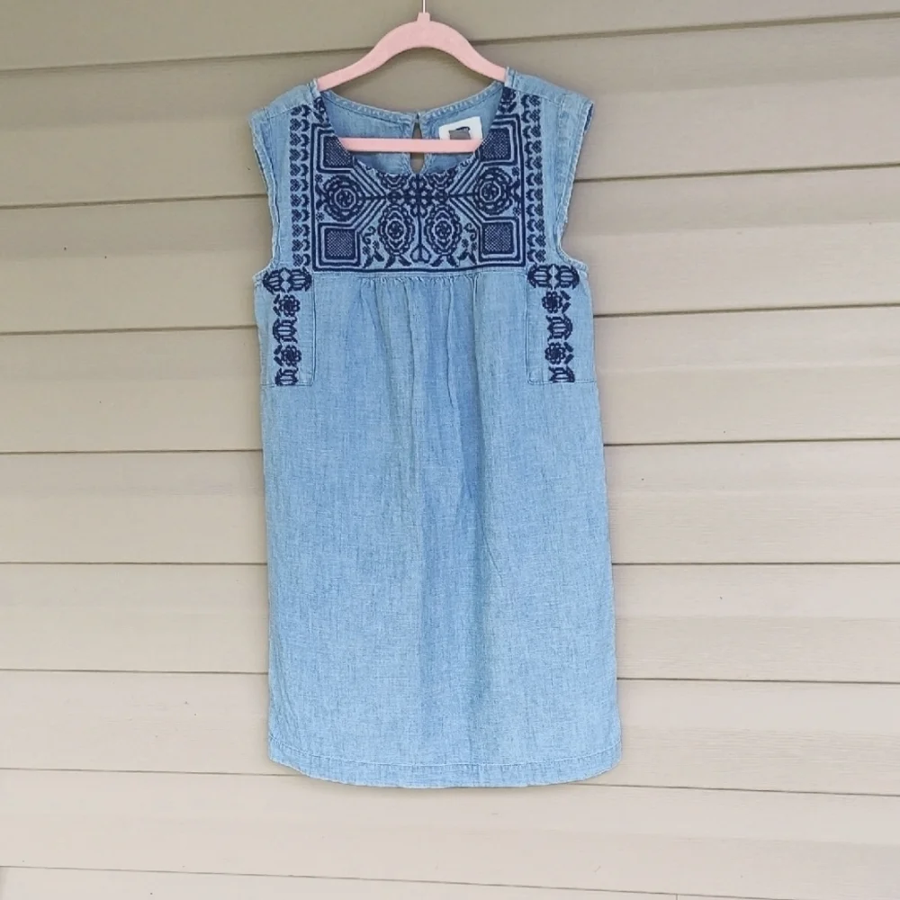 Girls Boho Embroidered Sleeveless Chambray Denim Summer Dress